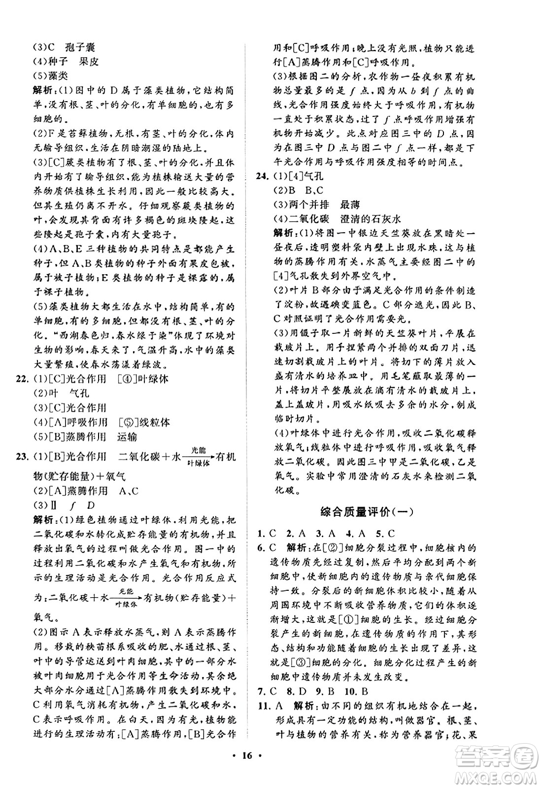 山東教育出版社2023年秋初中同步練習(xí)冊(cè)分層卷七年級(jí)生物學(xué)上冊(cè)通用版答案