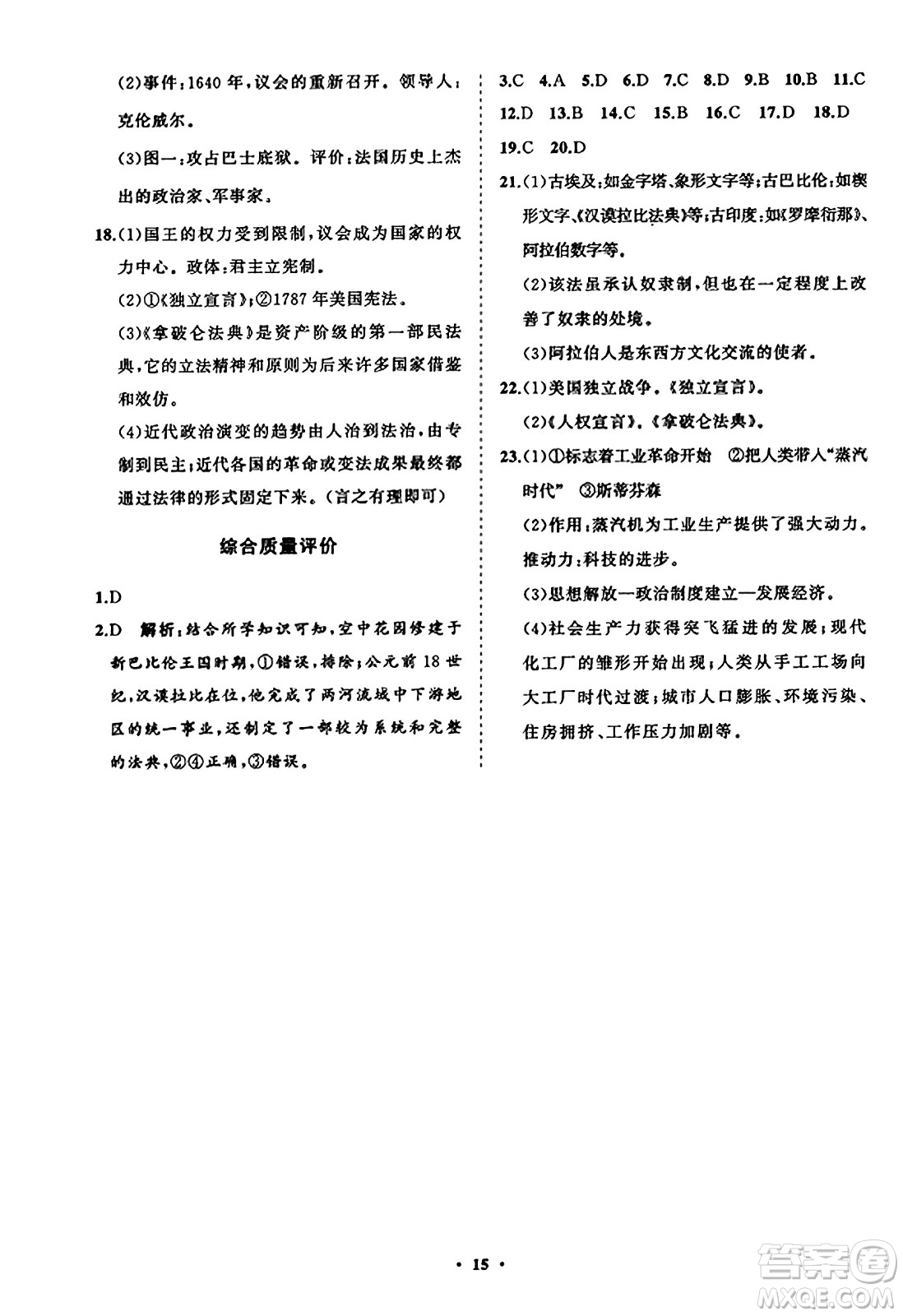 山東教育出版社2023年秋初中同步練習(xí)冊(cè)分層卷九年級(jí)世界歷史上冊(cè)通用版答案