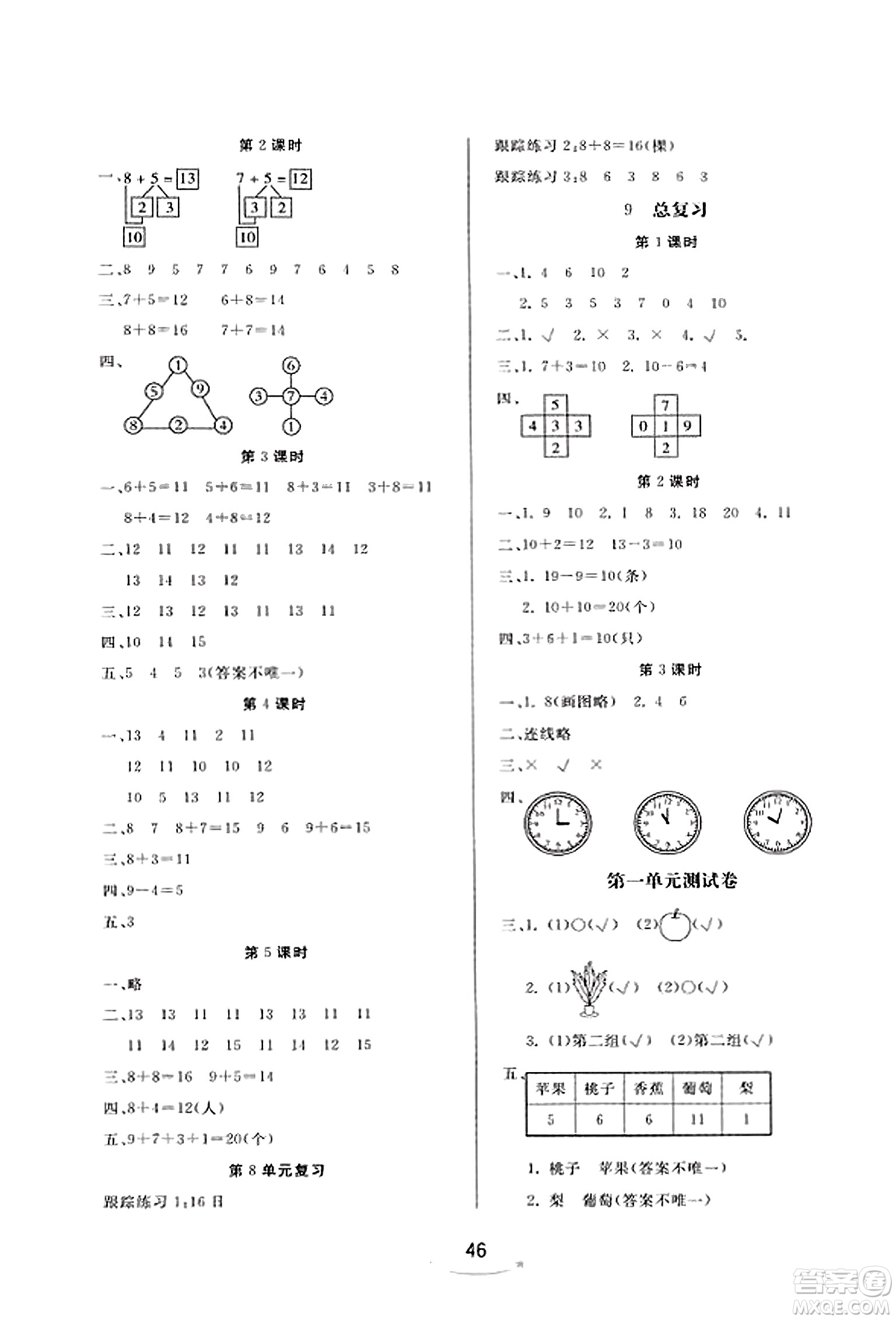 安徽人民出版社2023年秋黃岡隨堂練一年級(jí)數(shù)學(xué)上冊(cè)人教版答案