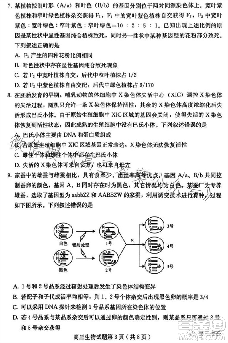 保定市2024屆高三10月份摸底考試生物試題答案