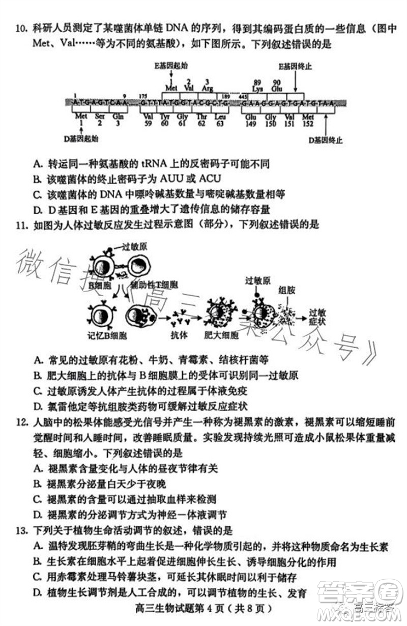 保定市2024屆高三10月份摸底考試生物試題答案