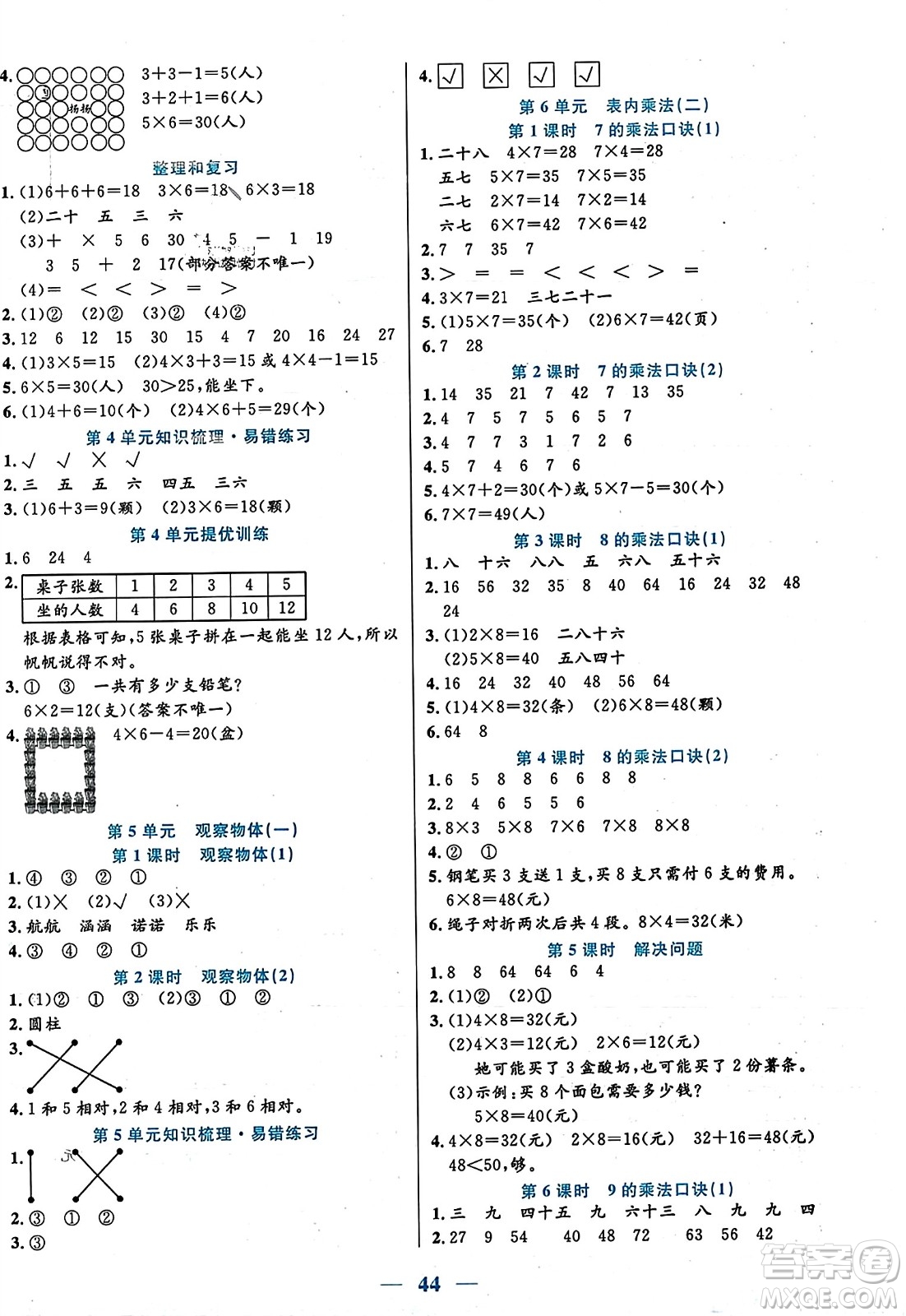 陽(yáng)光出版社2023年秋激活思維智能訓(xùn)練二年級(jí)數(shù)學(xué)上冊(cè)人教版答案