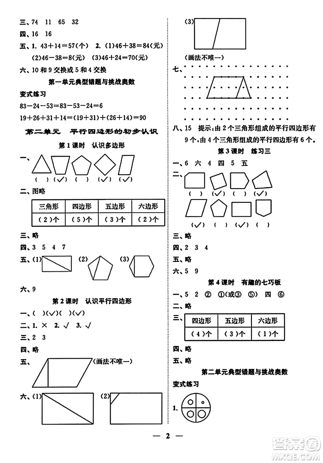 江蘇鳳凰美術(shù)出版社2023年秋隨堂練1+2二年級(jí)數(shù)學(xué)上冊(cè)江蘇版答案