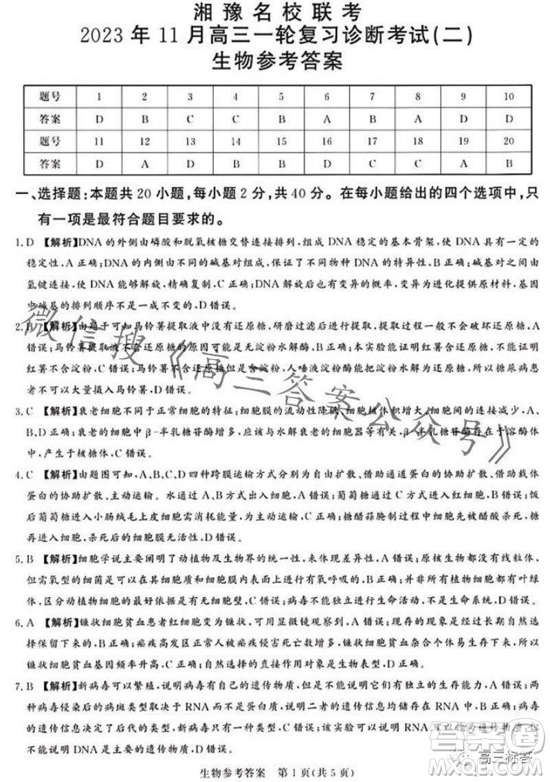 2023年11月湘豫名校聯(lián)考高三一輪復(fù)習(xí)診斷考試二生物試題答案