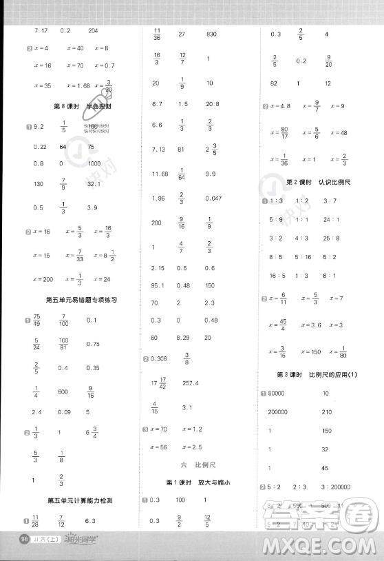 江西教育出版社2023年秋陽光同學(xué)計算小達(dá)人六年級數(shù)學(xué)上冊冀教版答案