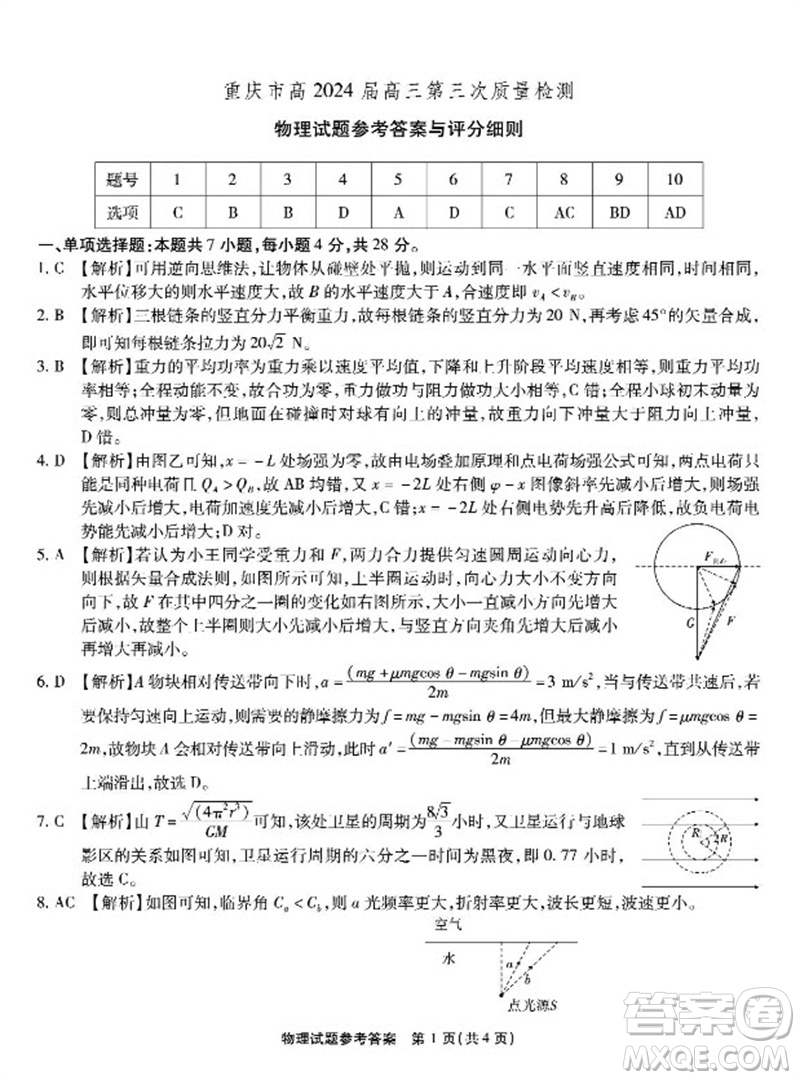 重慶市高2024屆高三第三次質(zhì)量檢測(cè)物理試題答案