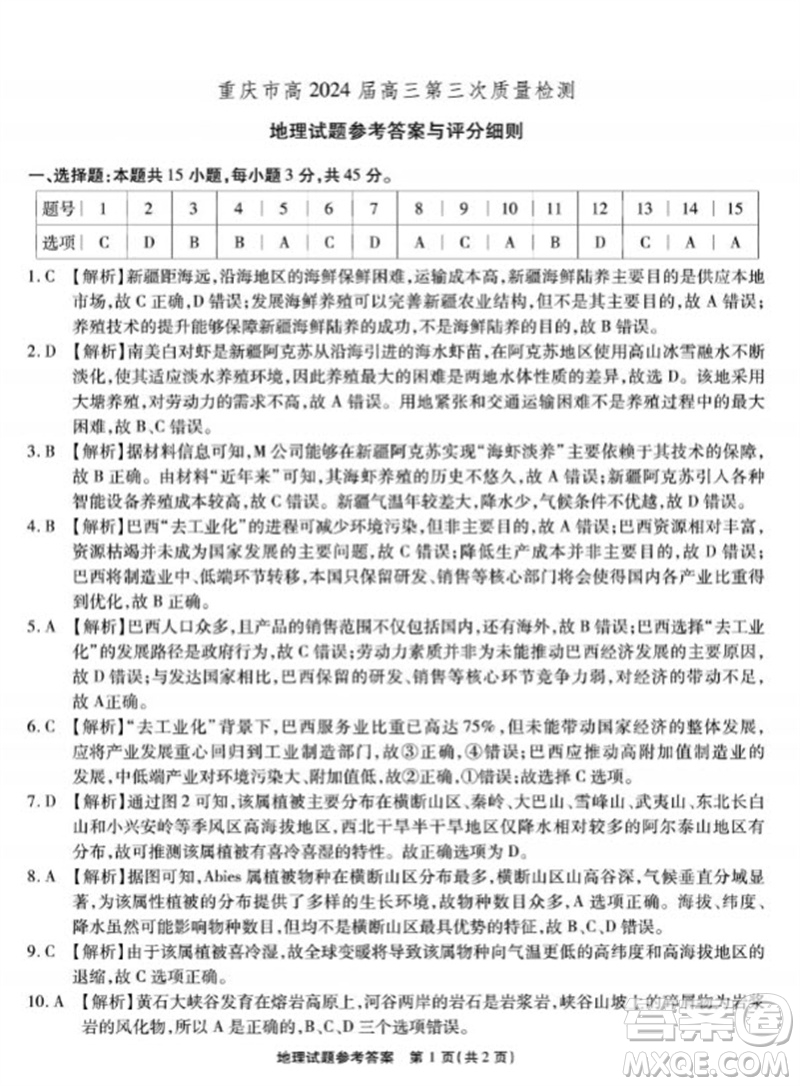 重慶市高2024屆高三第三次質(zhì)量檢測地理試題答案