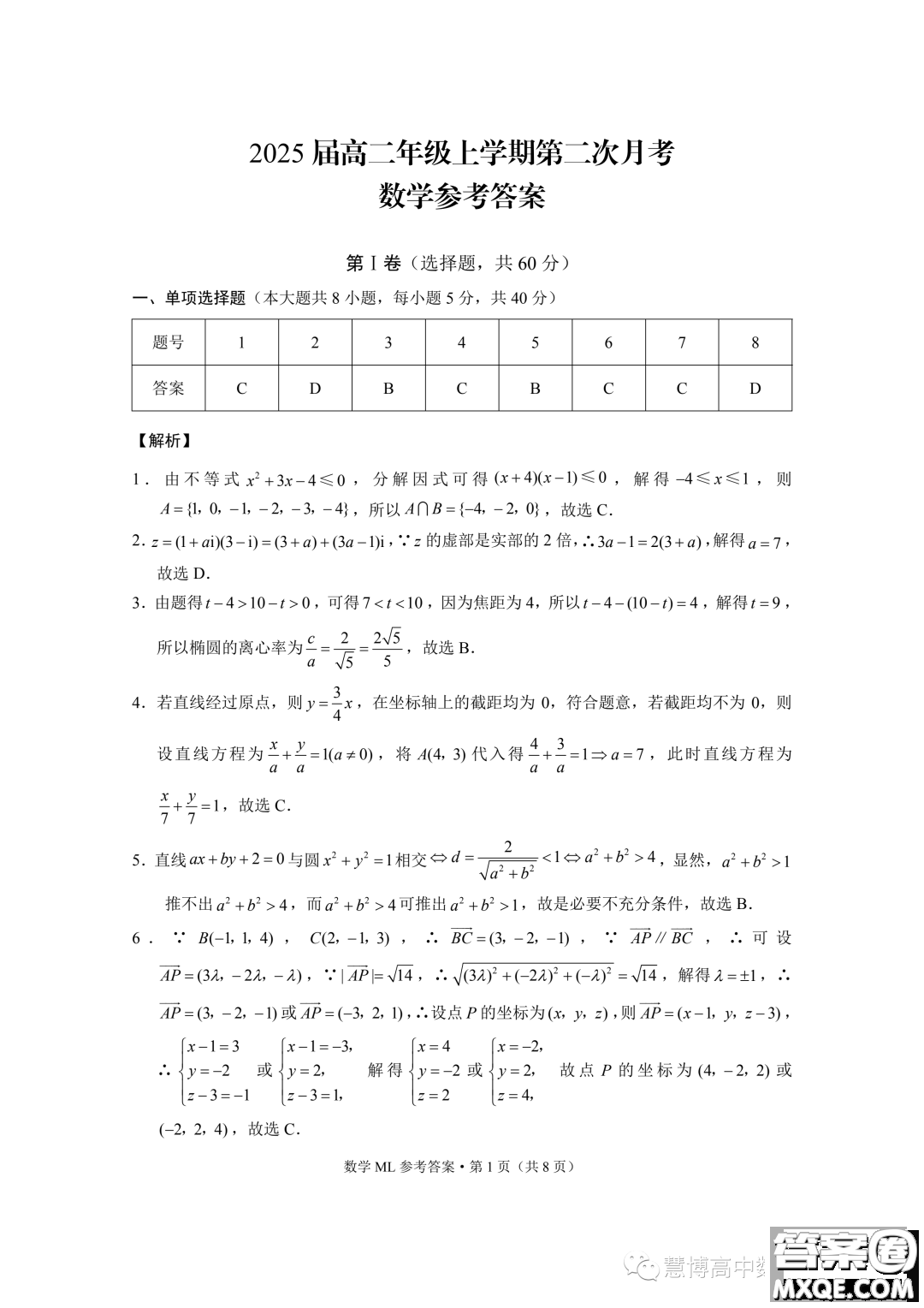 云南師范大學(xué)附屬中學(xué)2023-2024學(xué)年高二上學(xué)期第二次月考數(shù)學(xué)試題答案