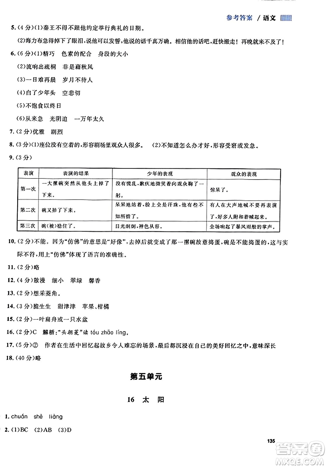 天津人民出版社2023年秋上海作業(yè)五年級(jí)語(yǔ)文上冊(cè)上海專版答案