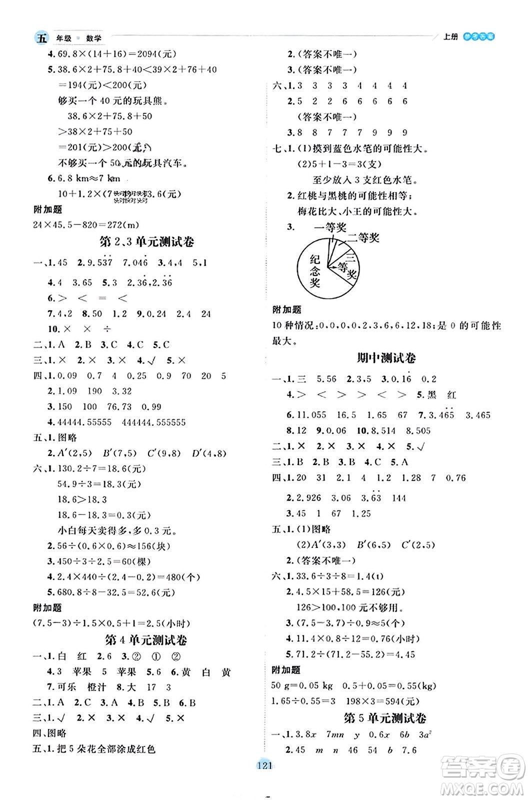 延邊人民出版社2023年秋優(yōu)秀生作業(yè)本五年級(jí)數(shù)學(xué)上冊(cè)人教版答案