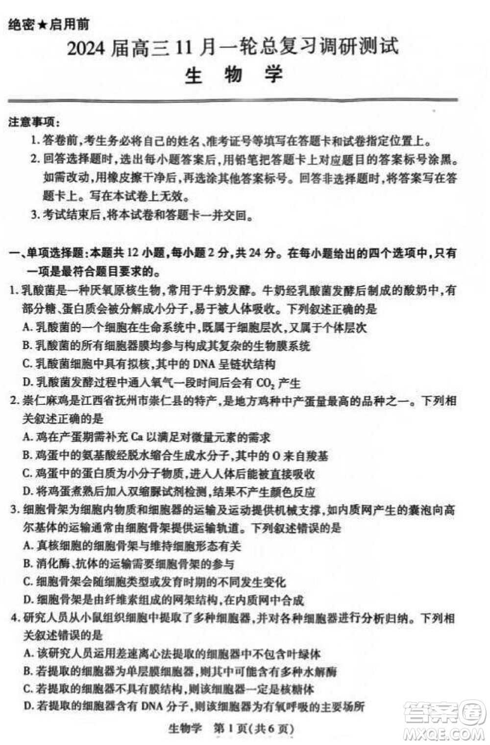 江西省穩(wěn)派2024屆高三11月一輪總復(fù)習(xí)調(diào)研測(cè)試生物試題答案