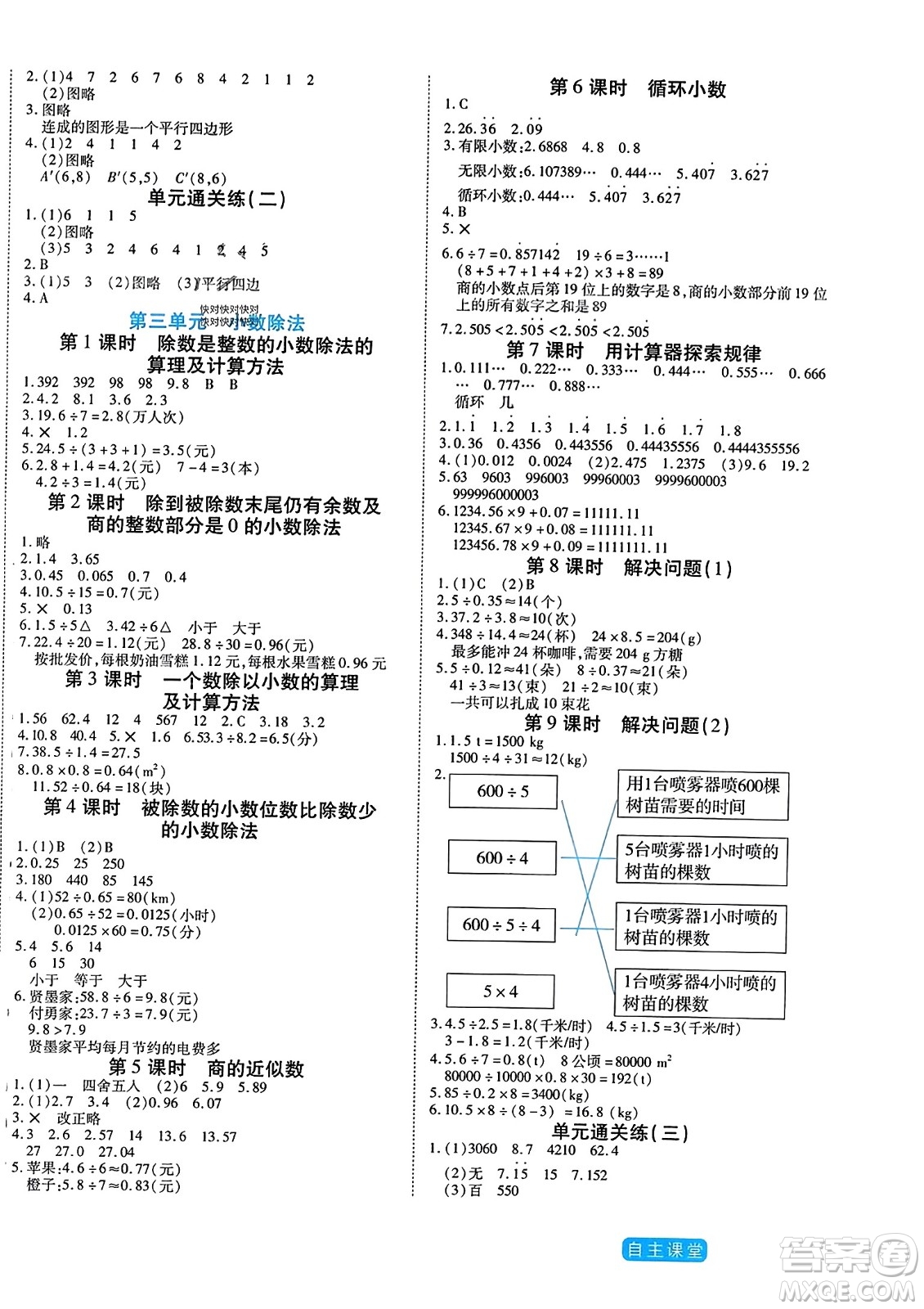 陽光出版社2023年秋自主課堂五年級數(shù)學(xué)上冊人教版答案