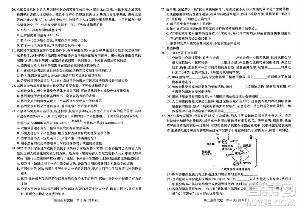 運(yùn)城市2023-2024學(xué)年高三第一學(xué)期期中調(diào)研測試生物試題答案