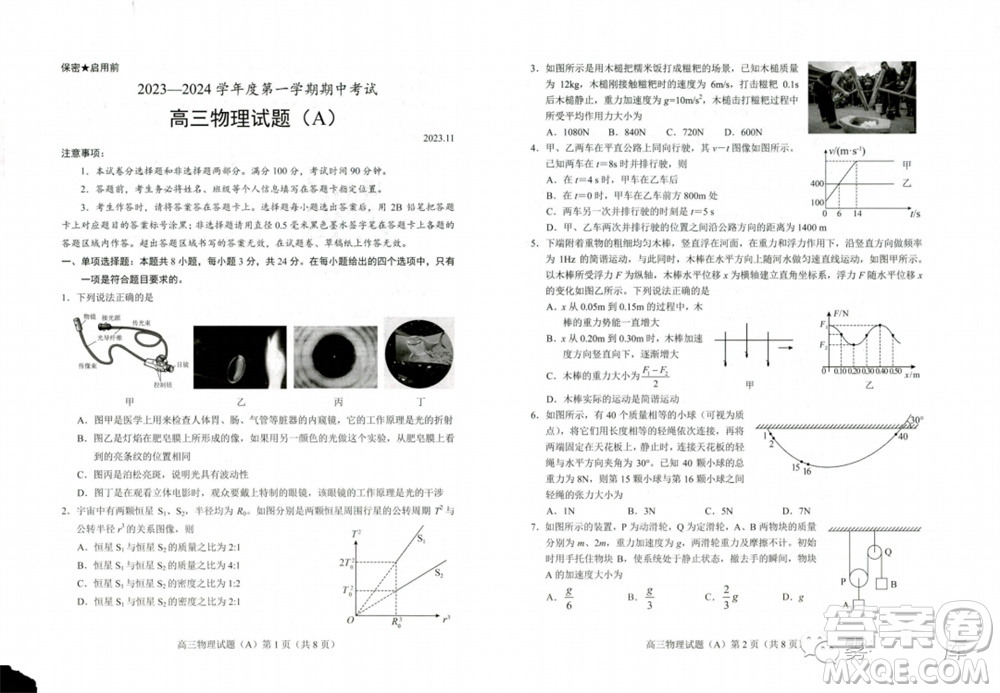 菏澤市2023-2024學(xué)年高三上學(xué)期期中考試物理試題A答案