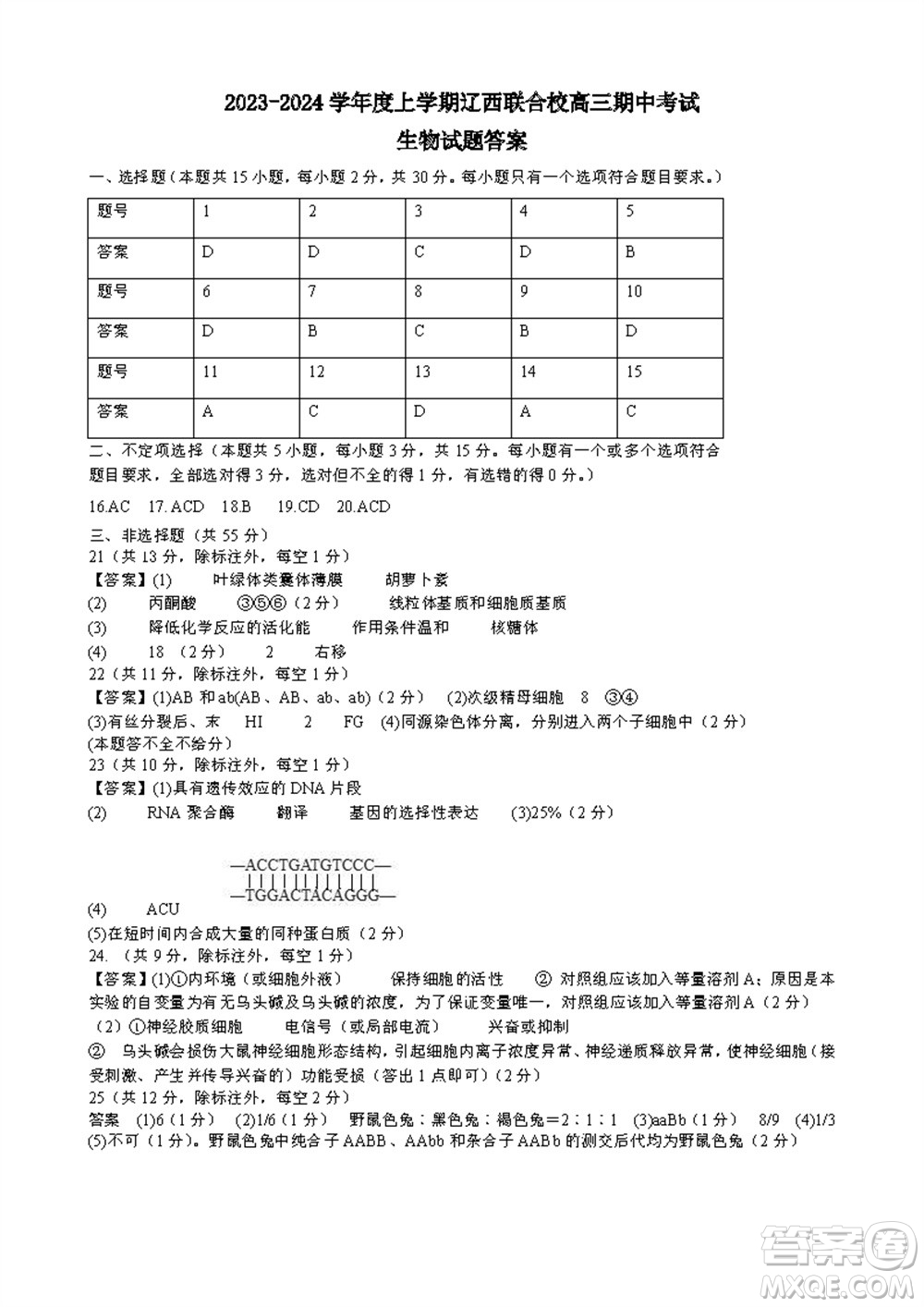 遼寧省2023-2024學年上學期遼西聯(lián)合校高三11月期中考試生物答案