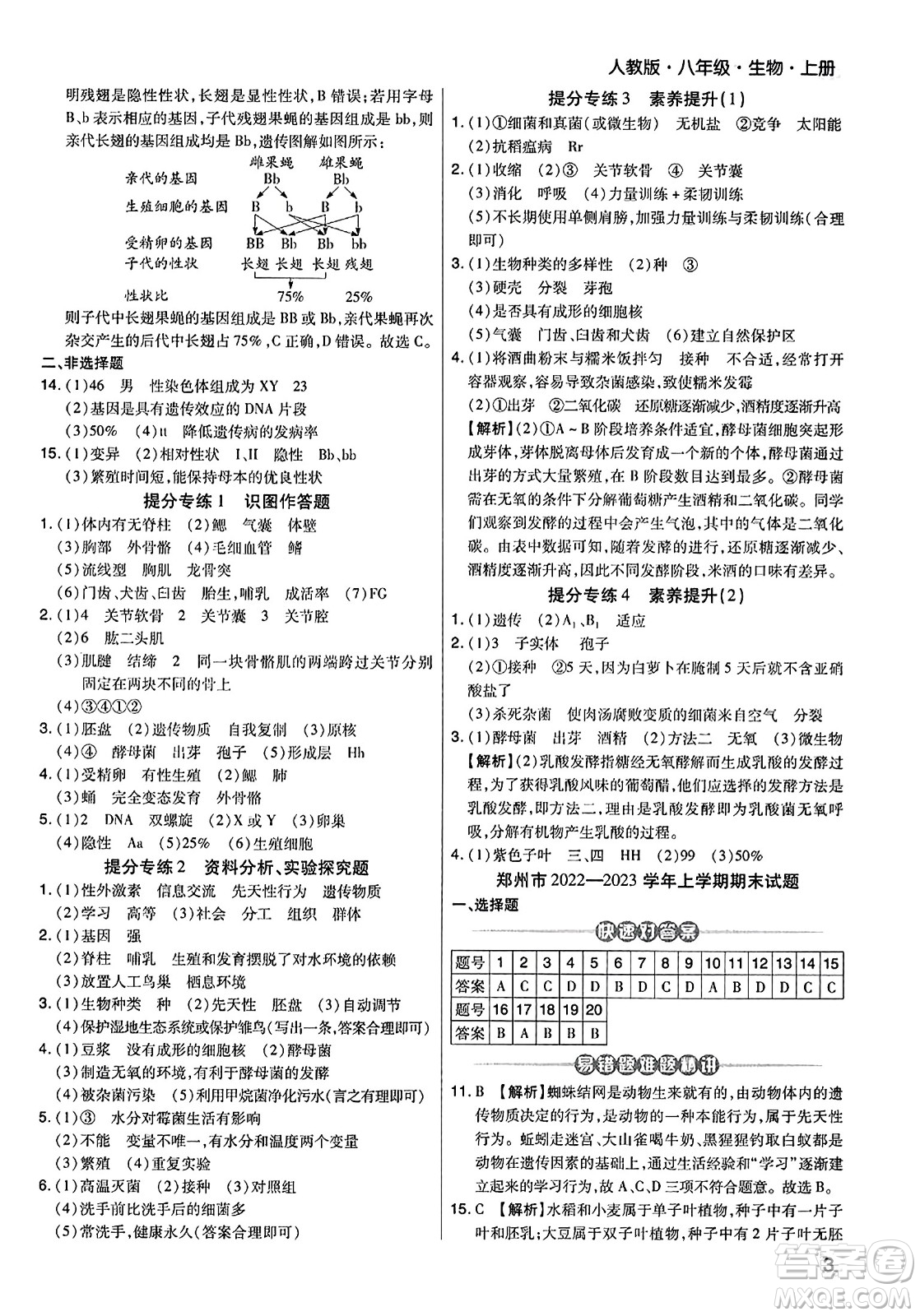 陽光出版社2023年秋期末考試必刷卷八年級生物上冊人教版河南專版答案