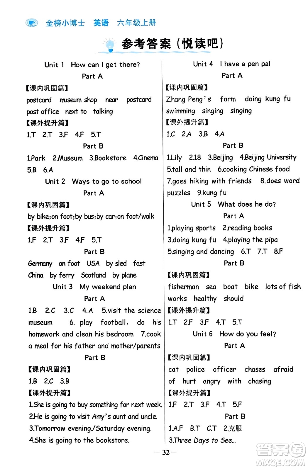 遼寧少年兒童出版社2023年秋世紀金榜金榜小博士六年級英語上冊通用版答案