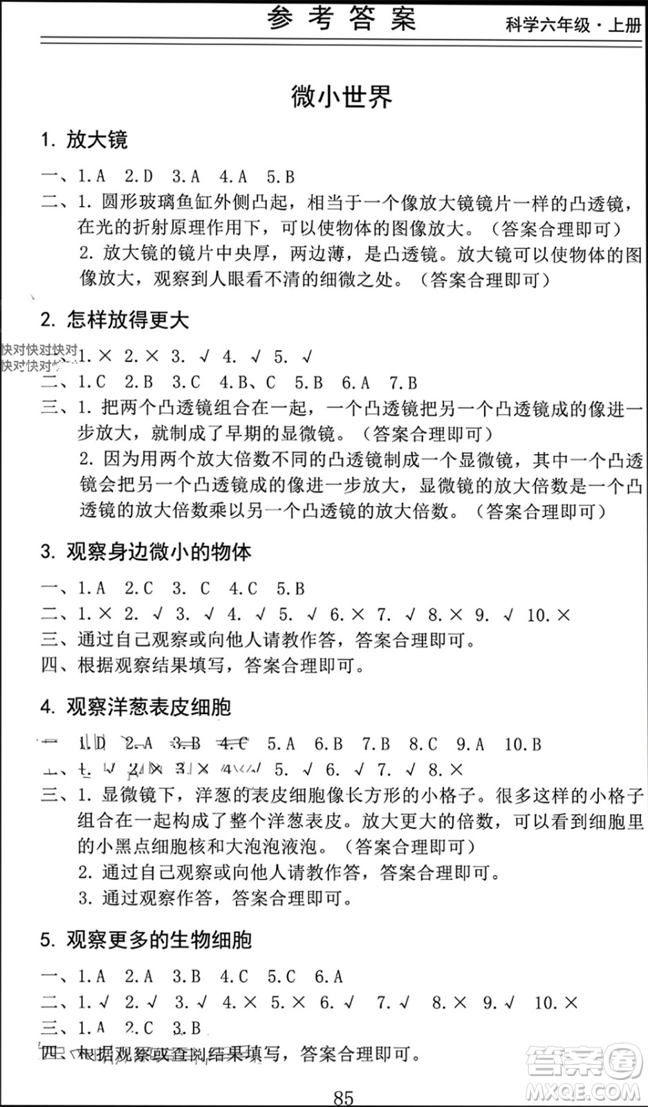 山東科學(xué)技術(shù)出版社2023年秋新思維伴你學(xué)六年級科學(xué)上冊教科版參考答案