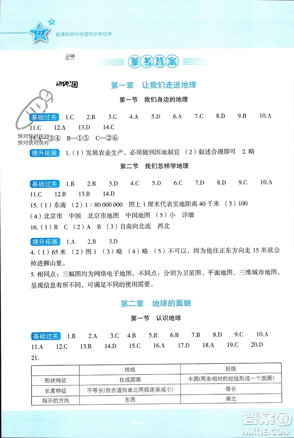 湖南教育出版社2023年秋新課標(biāo)初中地理同步伴你學(xué)七年級上冊湘教版參考答案