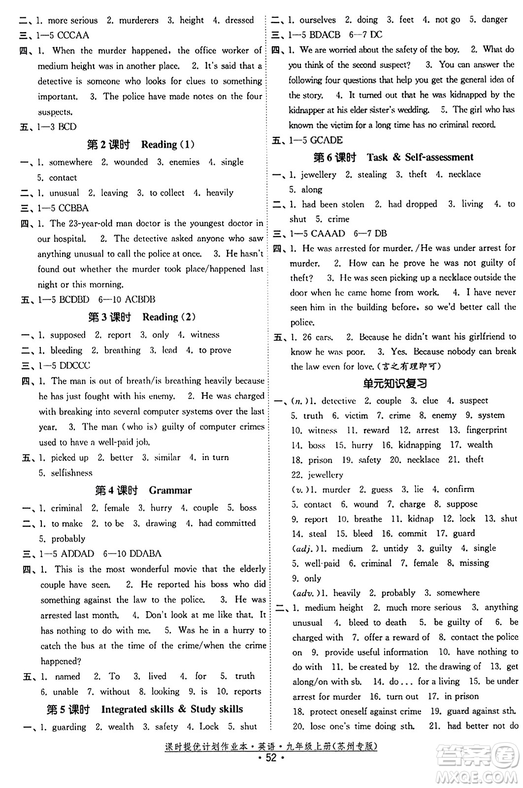 福建人民出版社2023年秋課時提優(yōu)計劃作業(yè)本九年級英語上冊蘇州專版答案