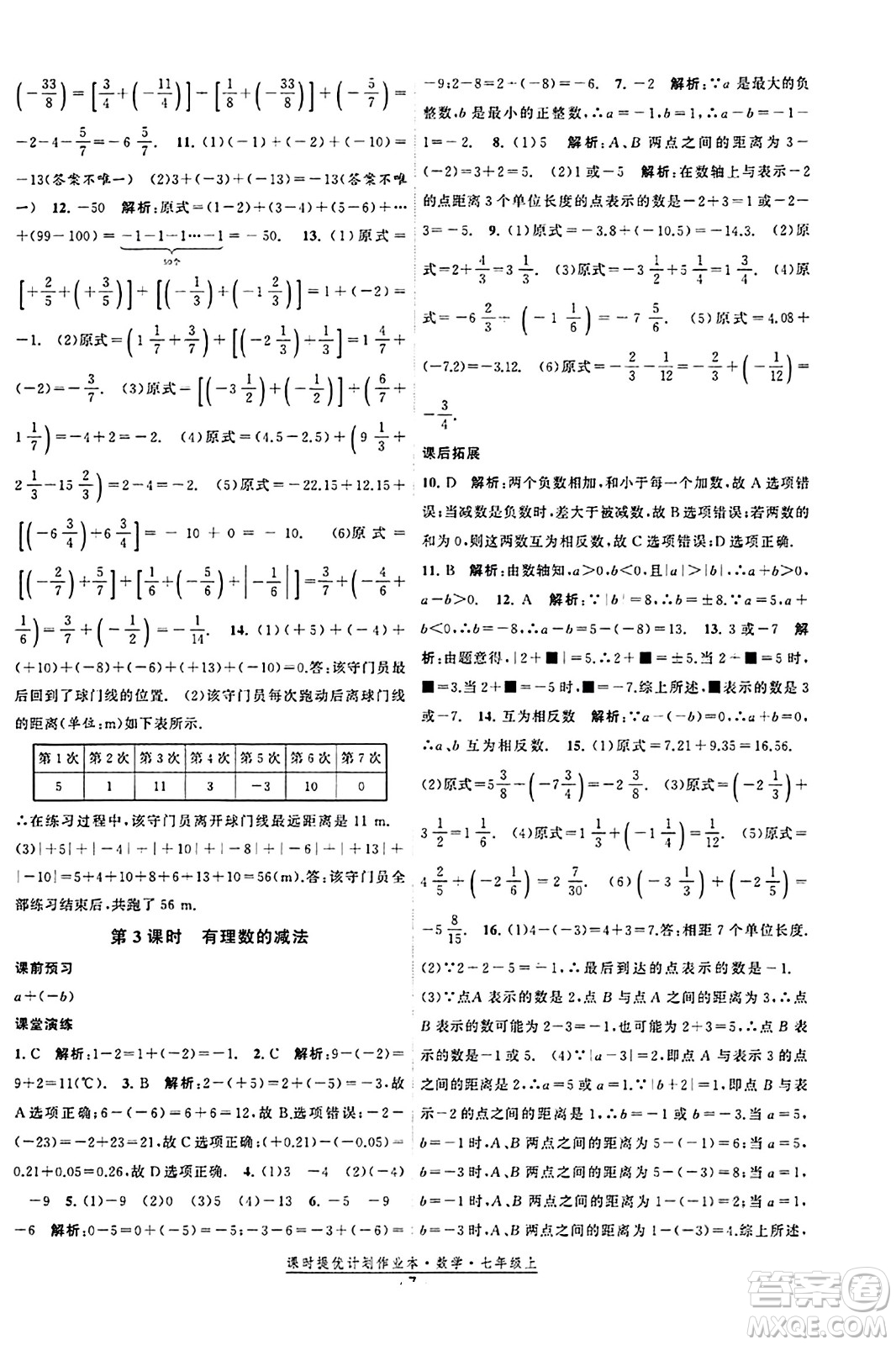 江蘇人民出版社2023年秋課時提優(yōu)計劃作業(yè)本七年級數(shù)學(xué)上冊蘇科版答案