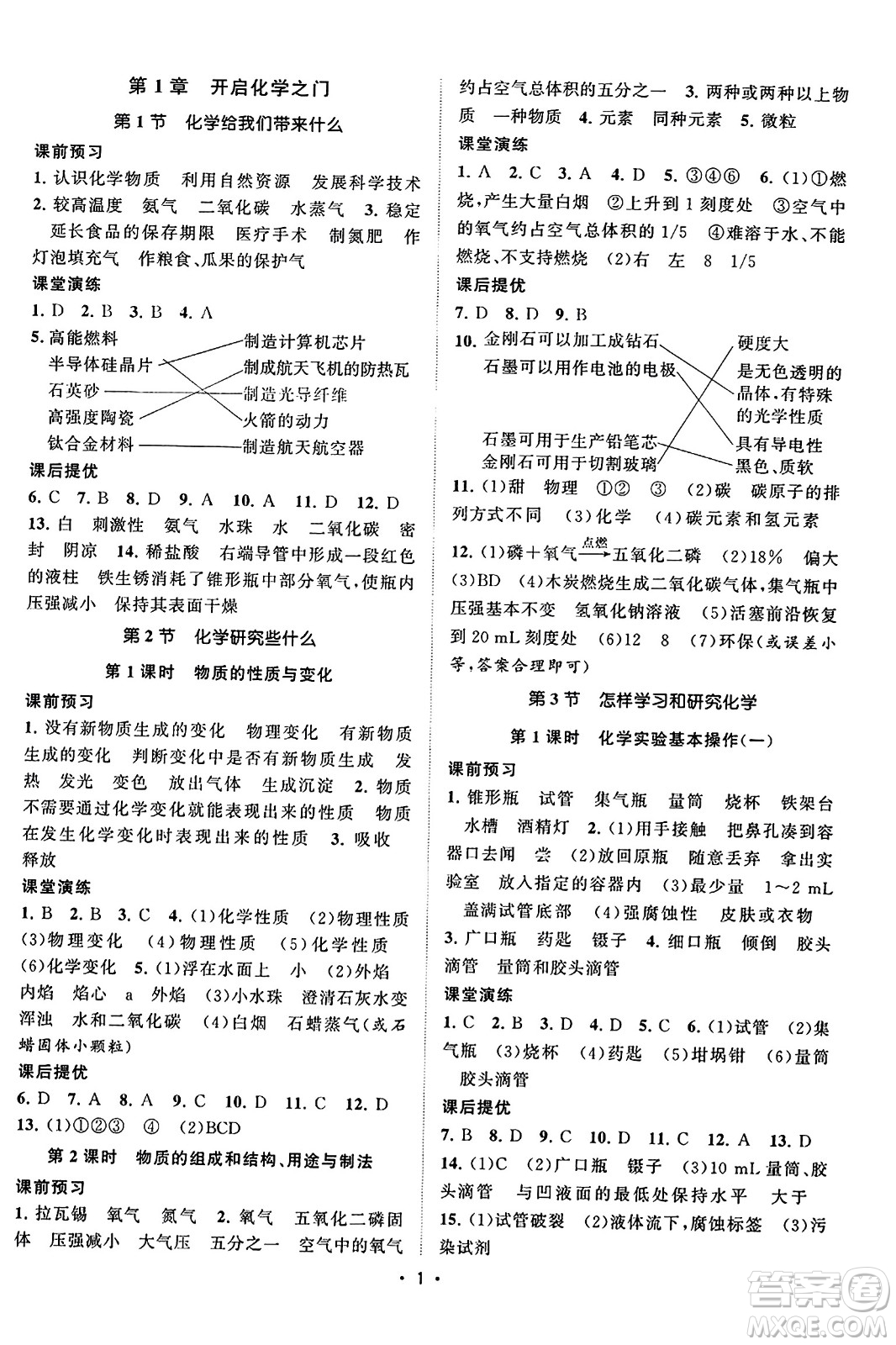 江蘇人民出版社2023年秋課時(shí)提優(yōu)計(jì)劃作業(yè)本九年級(jí)化學(xué)上冊(cè)滬教版答案