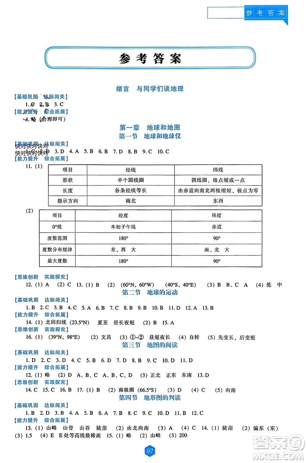 遼海出版社2023年秋新課程能力培養(yǎng)七年級(jí)地理上冊(cè)人教版參考答案