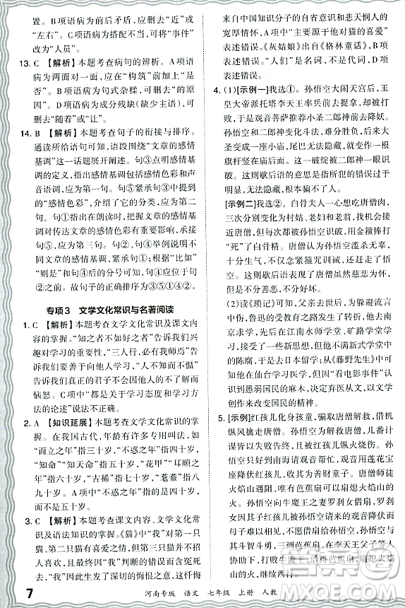 江西人民出版社2023年秋王朝霞各地期末試卷精選七年級(jí)語文上冊(cè)人教版河南專版答案