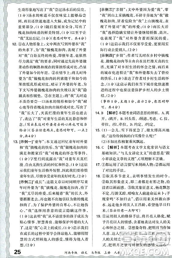 江西人民出版社2023年秋王朝霞各地期末試卷精選七年級(jí)語文上冊(cè)人教版河南專版答案