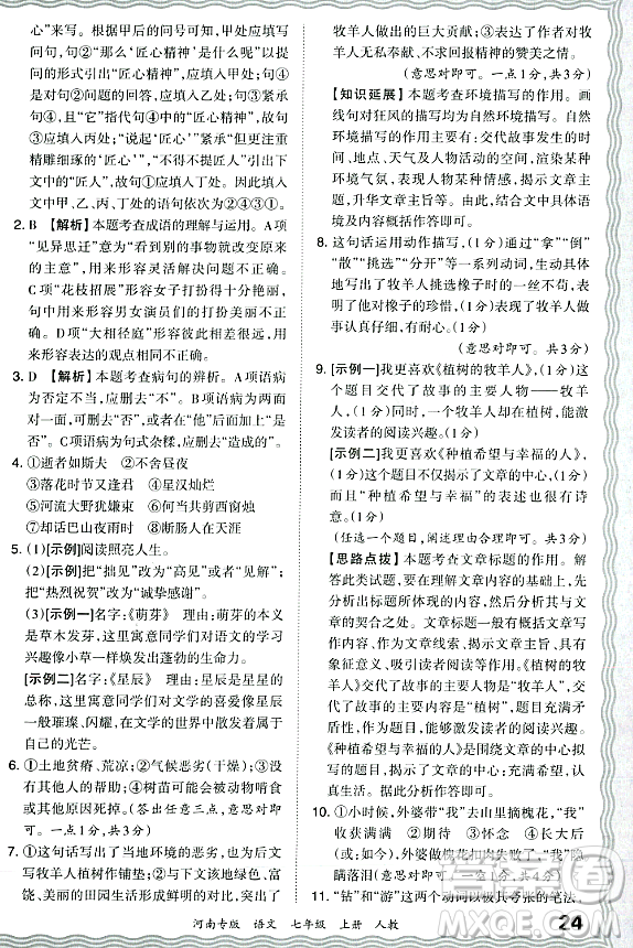 江西人民出版社2023年秋王朝霞各地期末試卷精選七年級(jí)語文上冊(cè)人教版河南專版答案