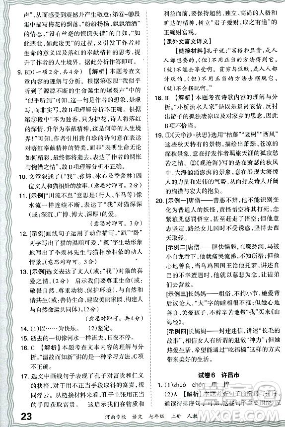 江西人民出版社2023年秋王朝霞各地期末試卷精選七年級(jí)語文上冊(cè)人教版河南專版答案