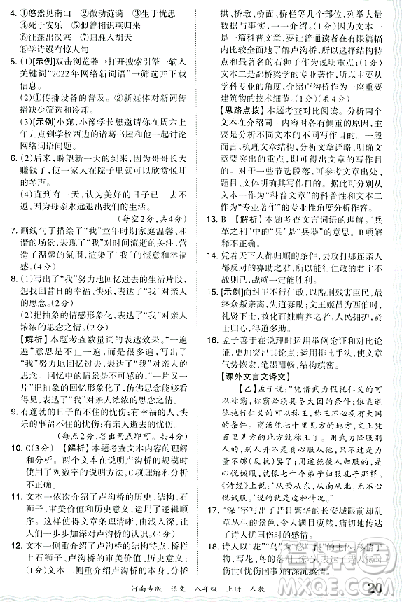 江西人民出版社2023年秋王朝霞各地期末試卷精選八年級語文上冊人教版河南專版答案