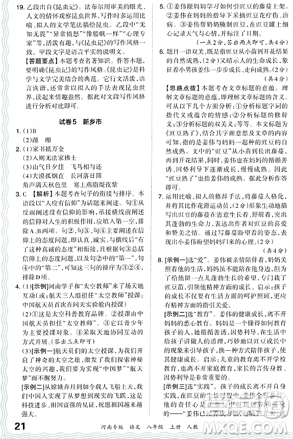 江西人民出版社2023年秋王朝霞各地期末試卷精選八年級語文上冊人教版河南專版答案