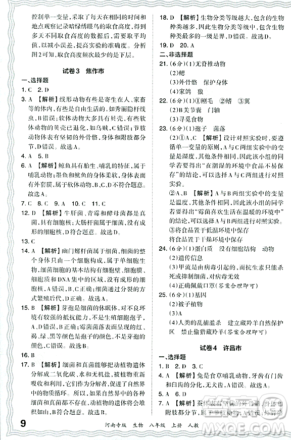 江西人民出版社2023年秋王朝霞各地期末試卷精選八年級(jí)生物上冊(cè)人教版河南專版答案