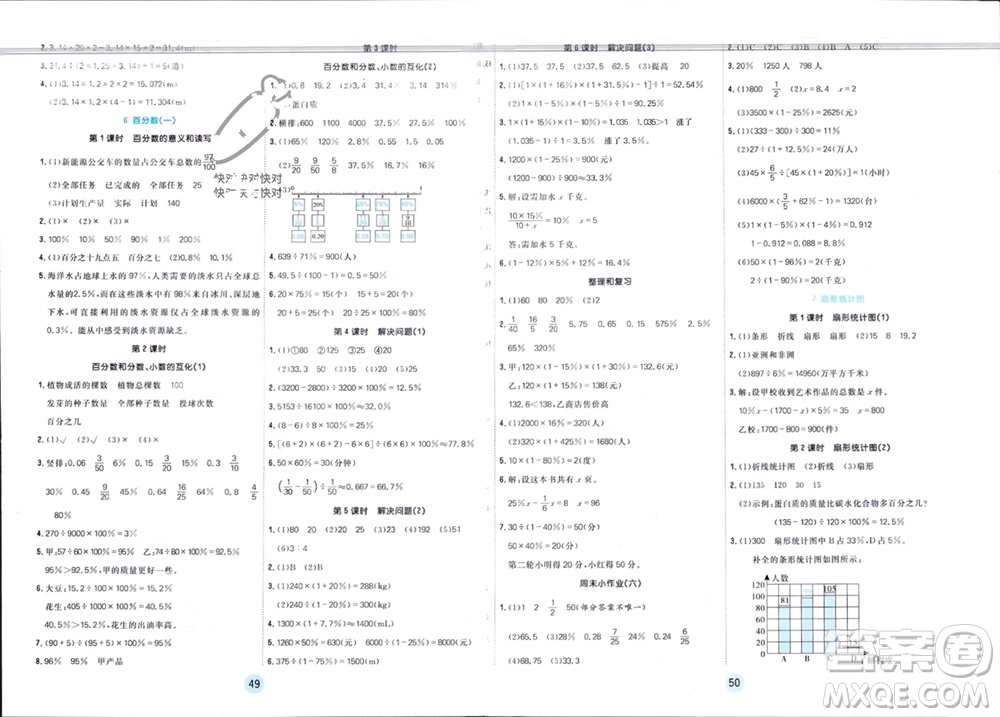 天津人民出版社2023年秋大白皮課堂練習(xí)六年級數(shù)學(xué)上冊人教版參考答案