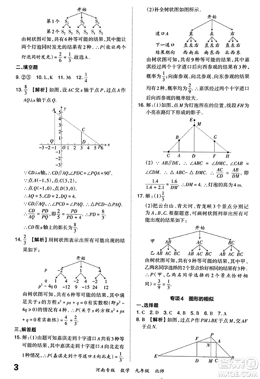 江西人民出版社2023年秋王朝霞各地期末試卷精選九年級數(shù)學全一冊北師大版河南專版答案