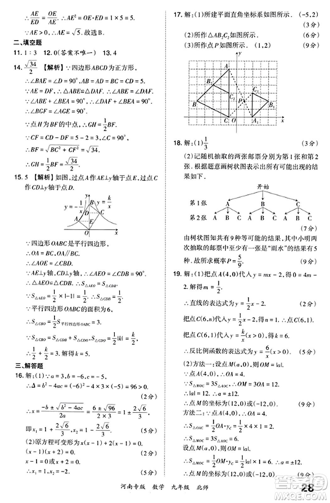 江西人民出版社2023年秋王朝霞各地期末試卷精選九年級數(shù)學全一冊北師大版河南專版答案