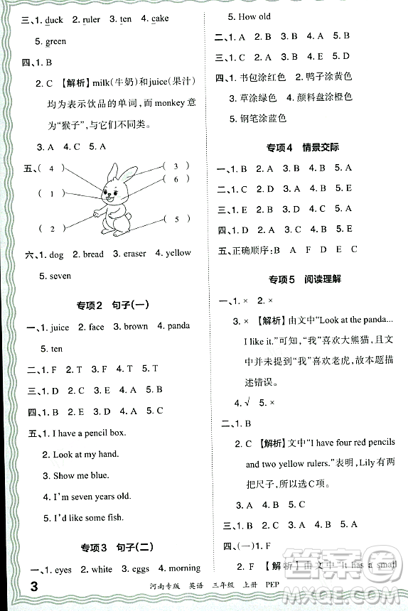 江西人民出版社2023年秋王朝霞各地期末試卷精選三年級(jí)英語(yǔ)上冊(cè)人教PEP版河南專版答案