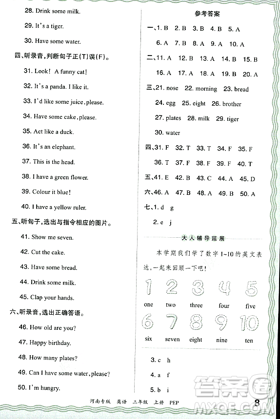 江西人民出版社2023年秋王朝霞各地期末試卷精選三年級(jí)英語(yǔ)上冊(cè)人教PEP版河南專版答案