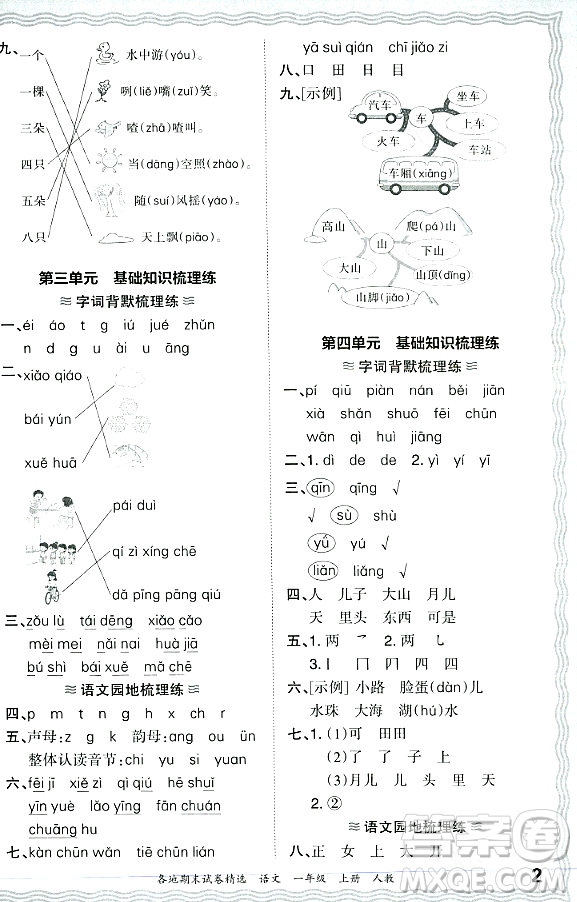 江西人民出版社2023年秋王朝霞各地期末試卷精選一年級(jí)語文上冊(cè)人教版答案