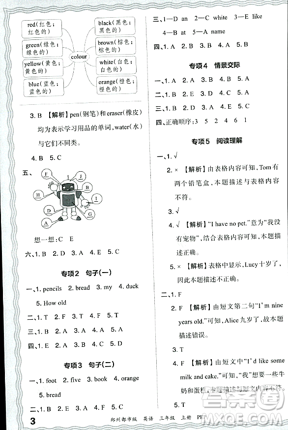 江西人民出版社2023年秋王朝霞期末真題精編三年級(jí)英語(yǔ)上冊(cè)人教PEP版鄭州專版答案