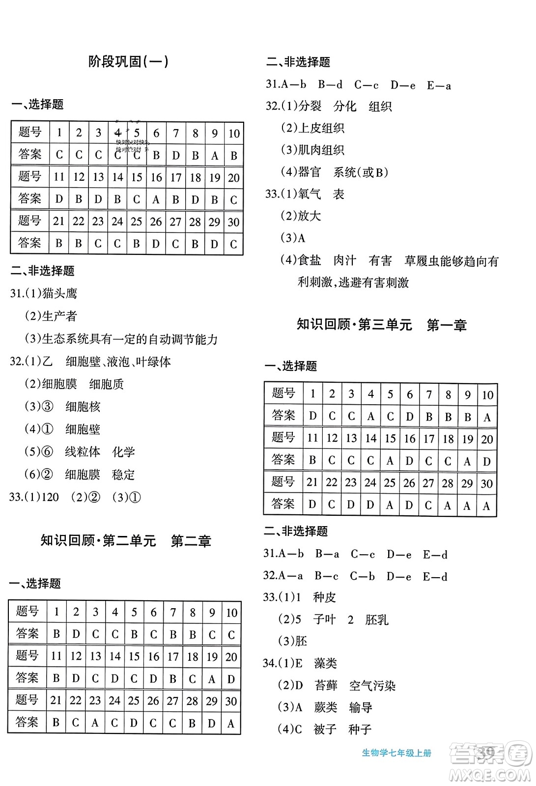 新疆青少年出版社2023年秋優(yōu)學(xué)1+1評價(jià)與測試七年級生物上冊通用版答案