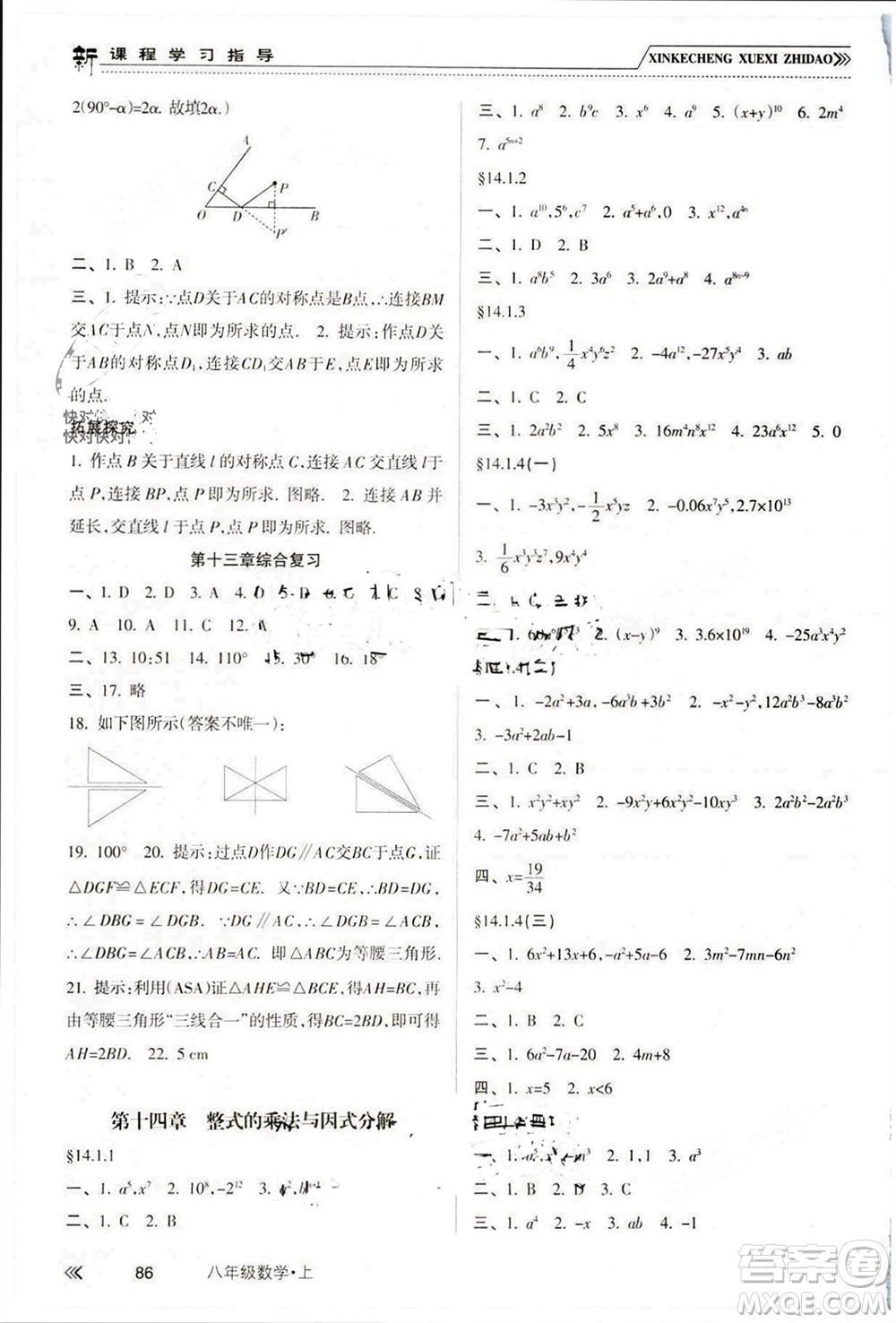 南方出版社2023年秋新課程學(xué)習(xí)指導(dǎo)八年級數(shù)學(xué)上冊人教版參考答案