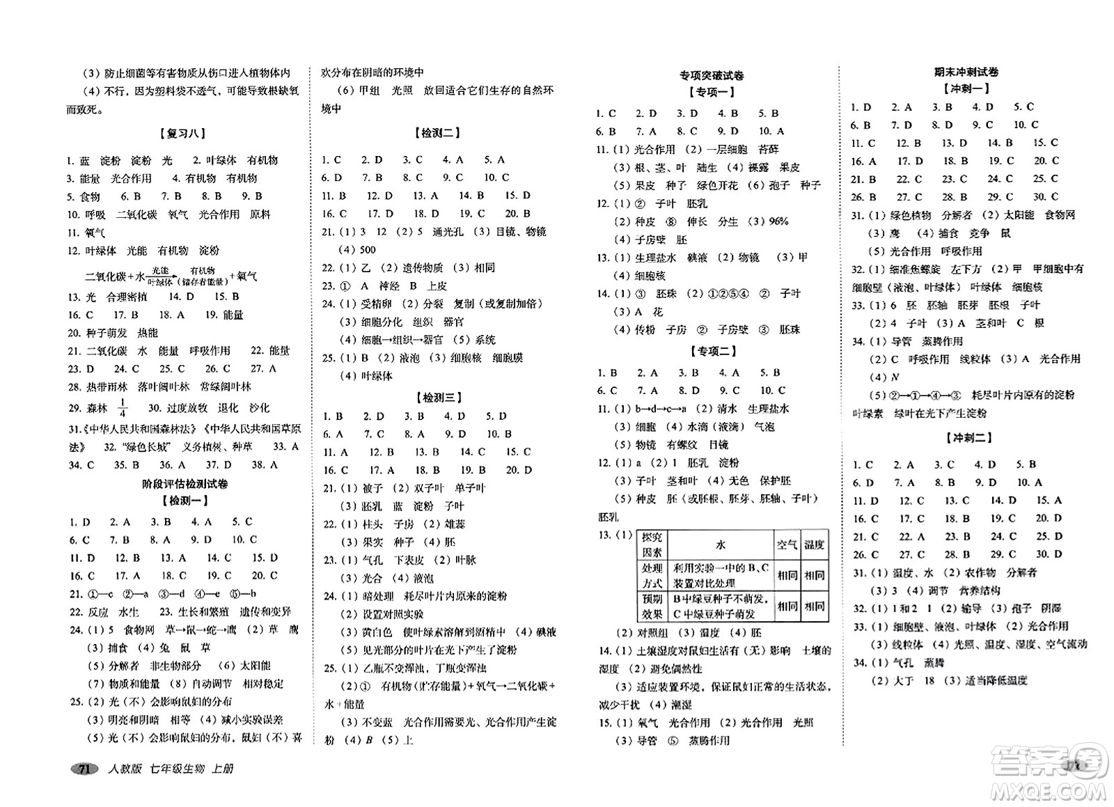 長春出版社2023年秋聚能闖關(guān)100分期末復(fù)習(xí)沖刺卷七年級(jí)生物上冊(cè)人教版答案