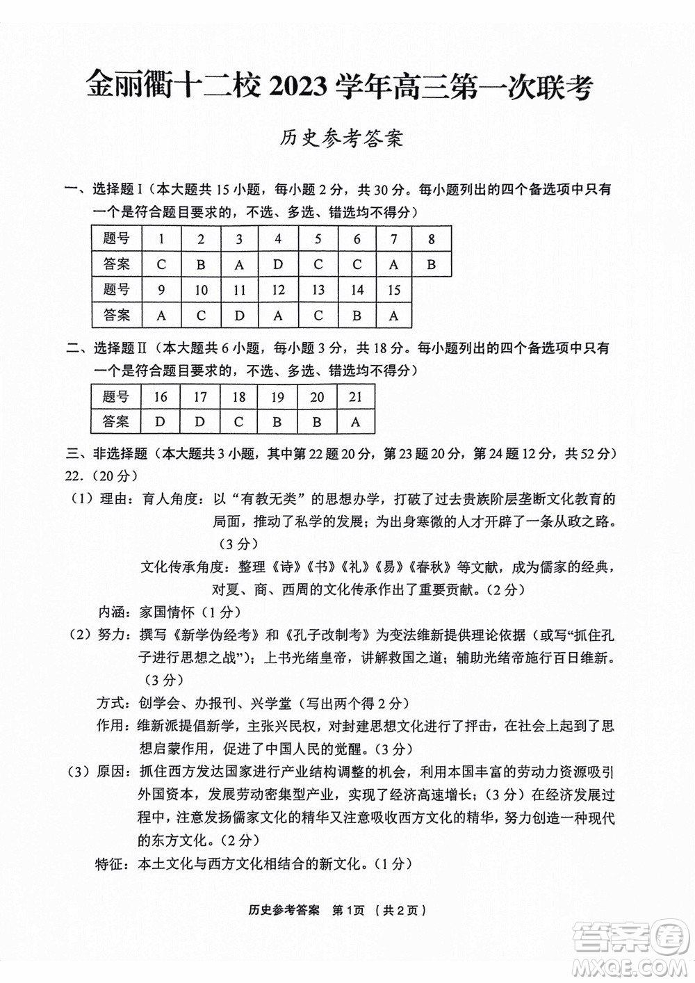 金麗衢十二校2024屆高三上學(xué)期12月第一次聯(lián)考?xì)v史參考答案