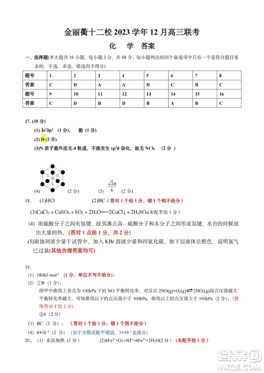 金麗衢十二校2024屆高三上學期12月第一次聯(lián)考化學參考答案