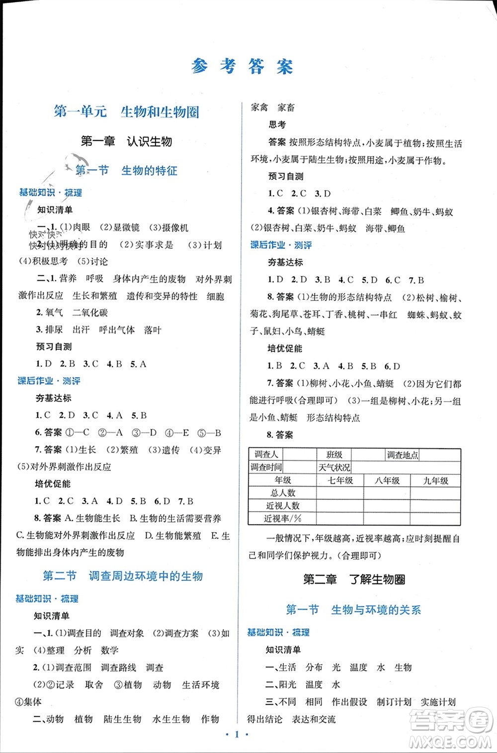 人民教育出版社2023年秋人教金學(xué)典同步解析與測評學(xué)考練七年級生物上冊人教版參考答案