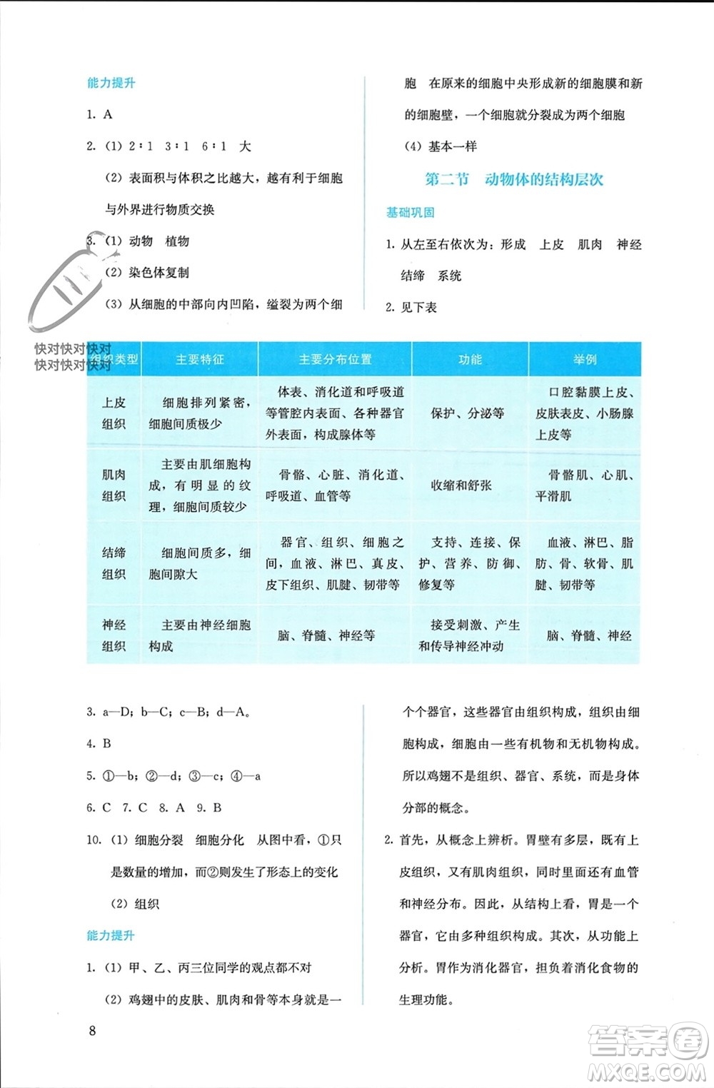 人民教育出版社2023年秋人教金學典同步解析與測評七年級生物上冊人教版參考答案