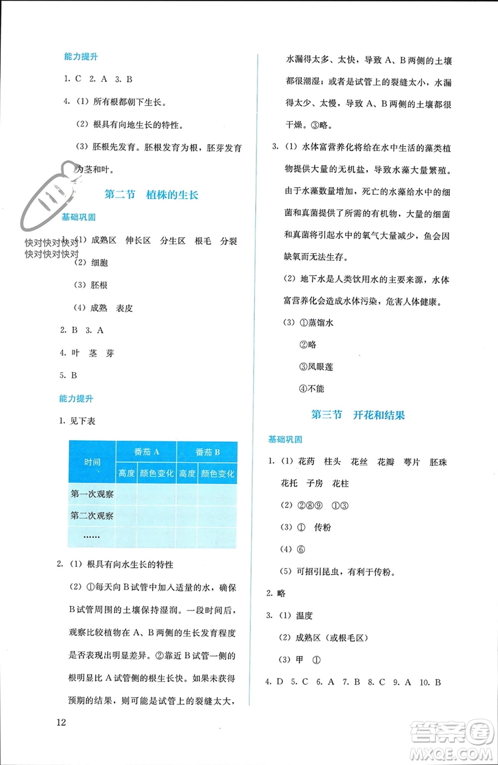 人民教育出版社2023年秋人教金學典同步解析與測評七年級生物上冊人教版參考答案