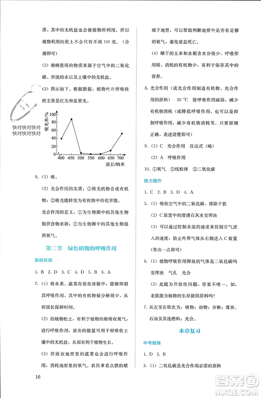 人民教育出版社2023年秋人教金學典同步解析與測評七年級生物上冊人教版參考答案